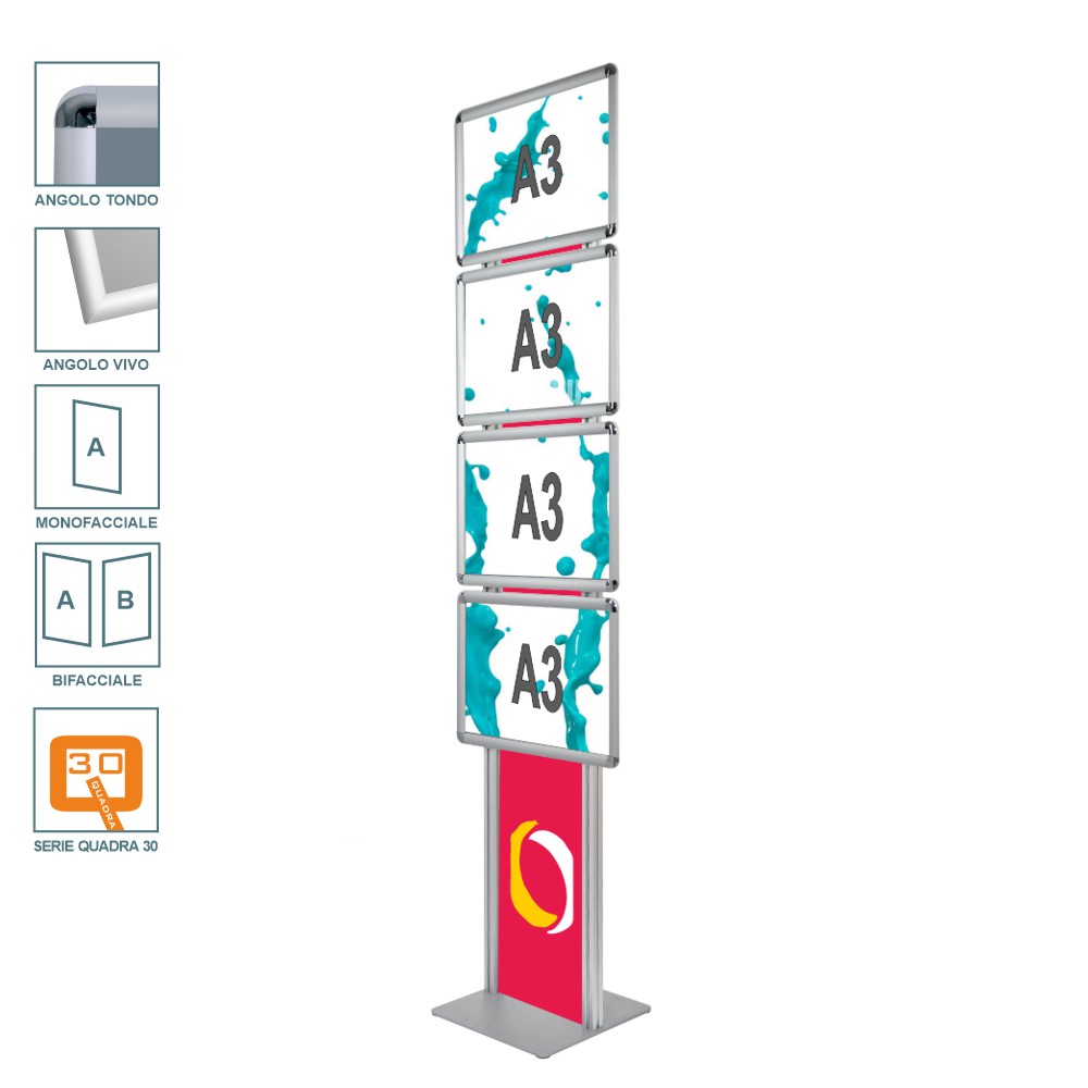 Espositore con cornice a scatto 4xA3 orizzontale con doppio montante