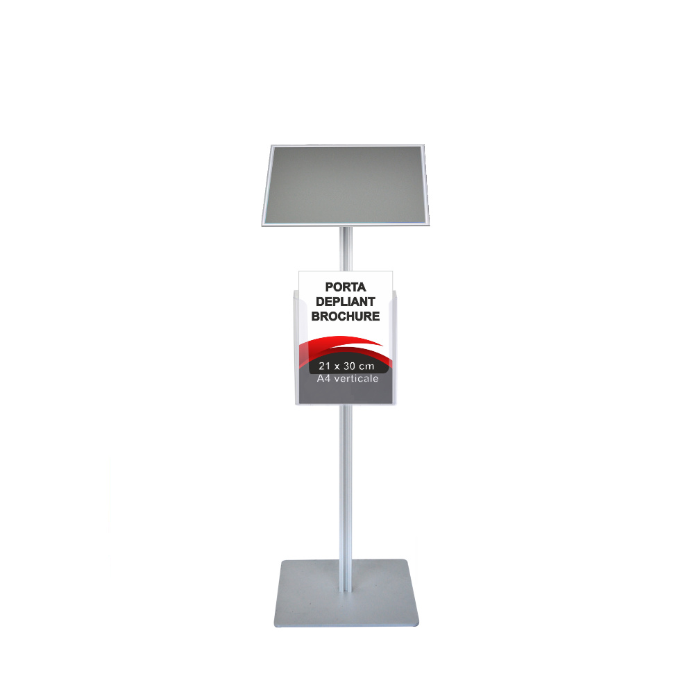 Leggio con cornice a scatto A4 orizzontale orientabile angoli vivi con portadepliant A4