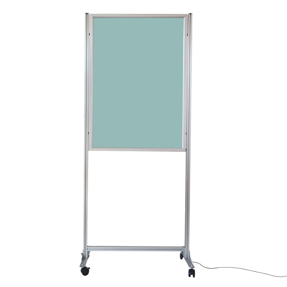 Espositore con cornice a scatto 70x100 bifacciale luminosa base con ruote frenanti vista frontale