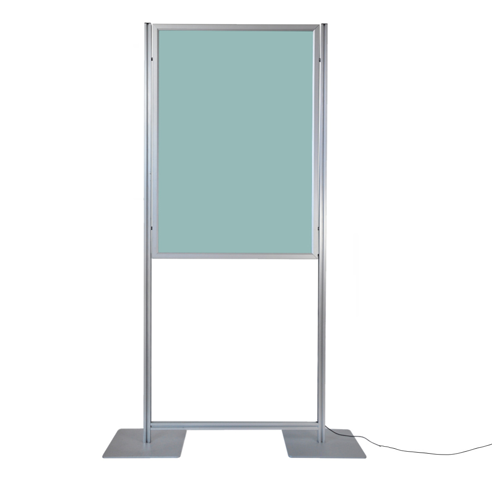 Espositore con cornice a scatto 70x100 bifacciale luminosa doppia base quadrata vista frontale