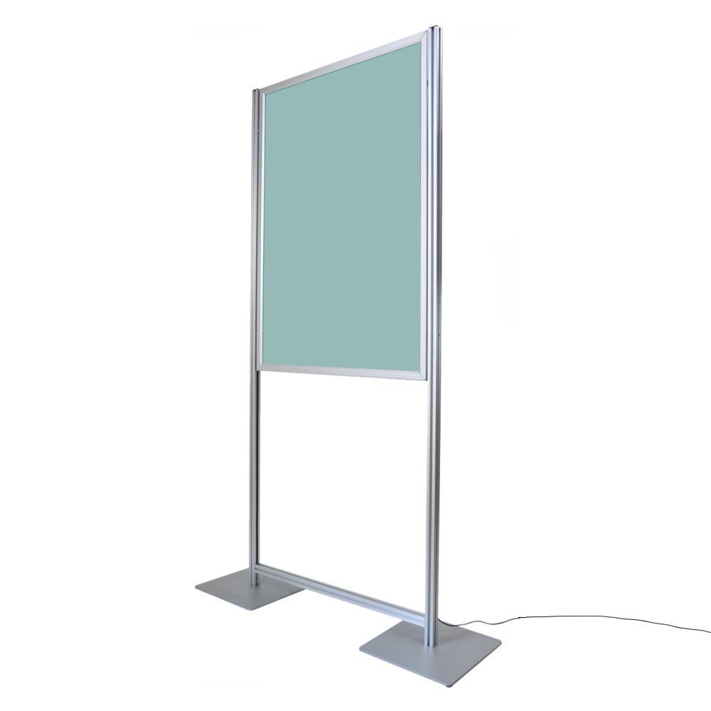 Espositore con cornice a scatto 70x100 bifacciale luminosa doppia base quadrata vista laterale