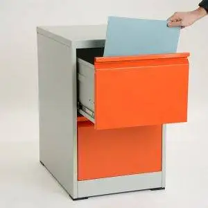Orange filing cabinet with 2 drawers with lock for document insertion
