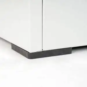 Gray filing cabinet with lockable drawers, base detail