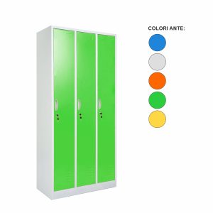 Vestiaire mètallique 3 portes avec serrure et accessoires internes disponibles en 5 couleurs