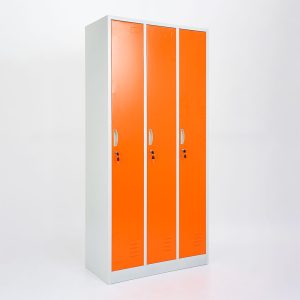 Vestiaire mètallique 3 portes orange avec serrure et accessoires internes