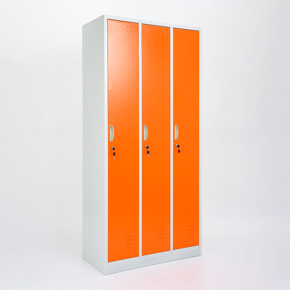 Vestiaire mètallique 3 portes orange avec serrure et accessoires internes
