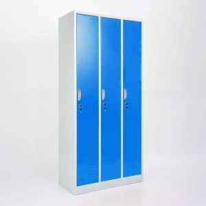 Vestiaire mètallique 3 portes bleue avec serrure et accessoires internes