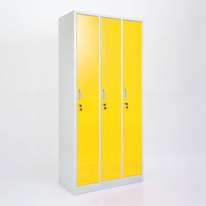 Vestiaire mètallique 3 portes jaune avec serrure et accessoires internes