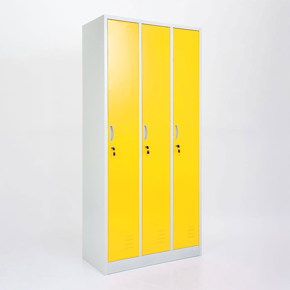 Vestiaire mètallique 3 portes jaune avec serrure et accessoires internes