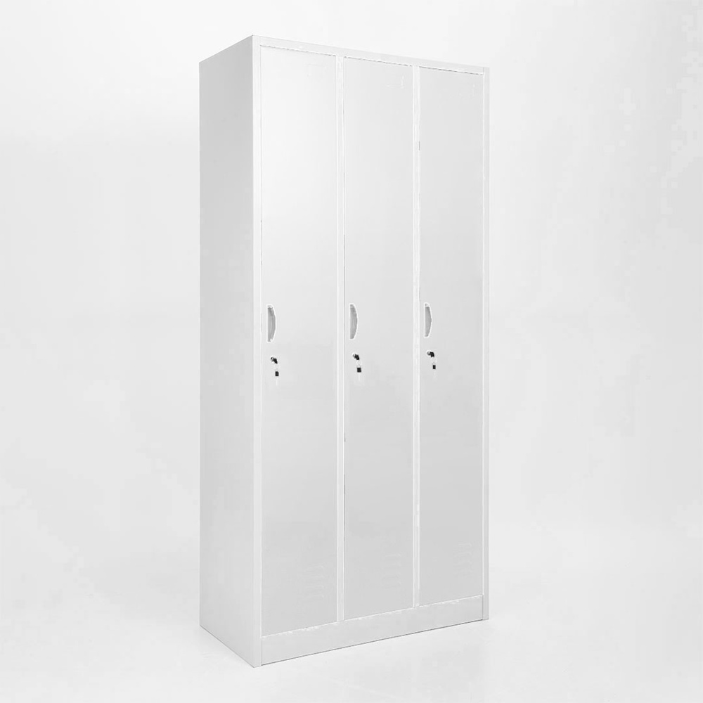 Vestiaire mètallique 3 portes gris avec serrure et accessoires internes