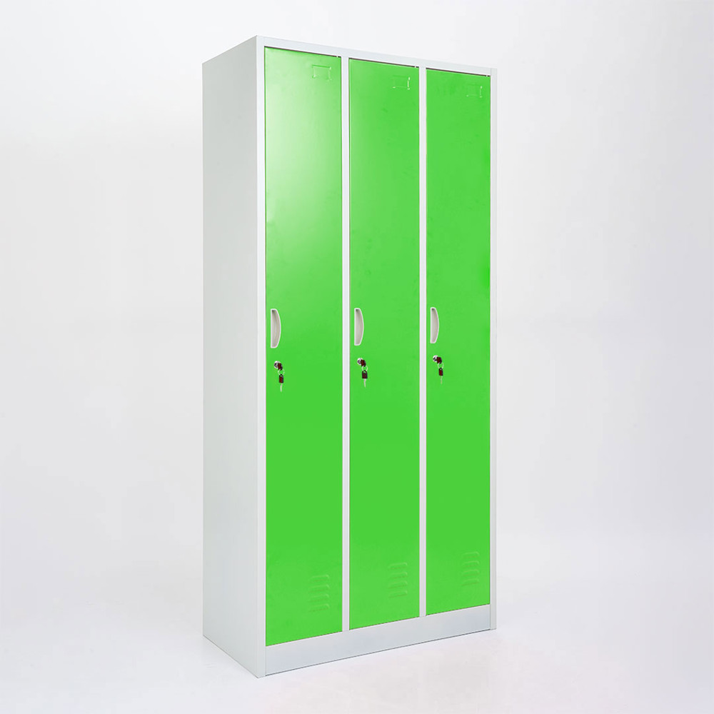 Vestiaire mètallique 3 portes vert avec serrure et accessoires internes
