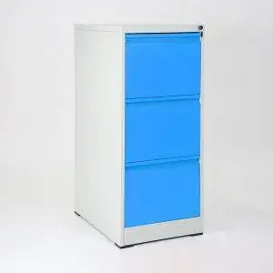 Blue filing cabinet with 3 lockable drawers