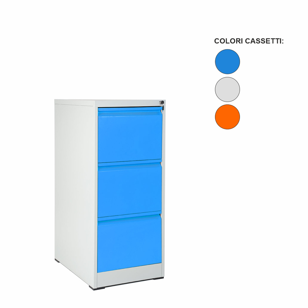 Classeur à documents avec trois tiroirs colorés et fermeture à serrure Yale