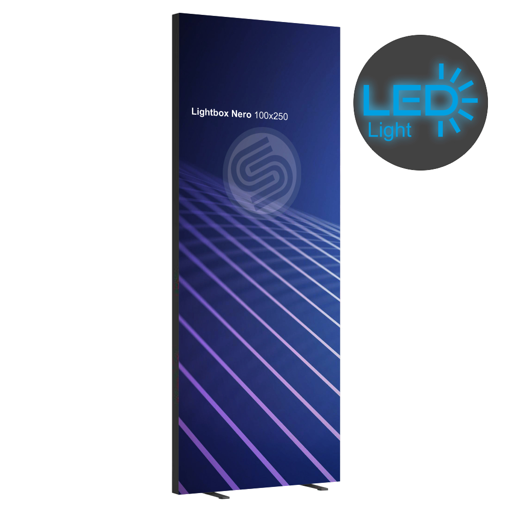 Totem Espositore Lightbox nero Autoportante con tessuto retroilluminato a LED bifacciale 100x250